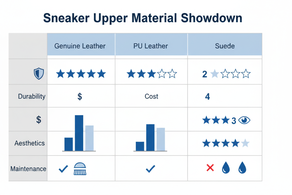 An infographic chart comparing the durability, cost, aesthetics, and maintenance of genuine leather, PU leather, and suede for sneaker uppers.