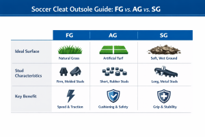 An infographic chart comparing FG, AG, and SG soccer cleat stud types based on ideal surface, stud characteristics, and key benefits.