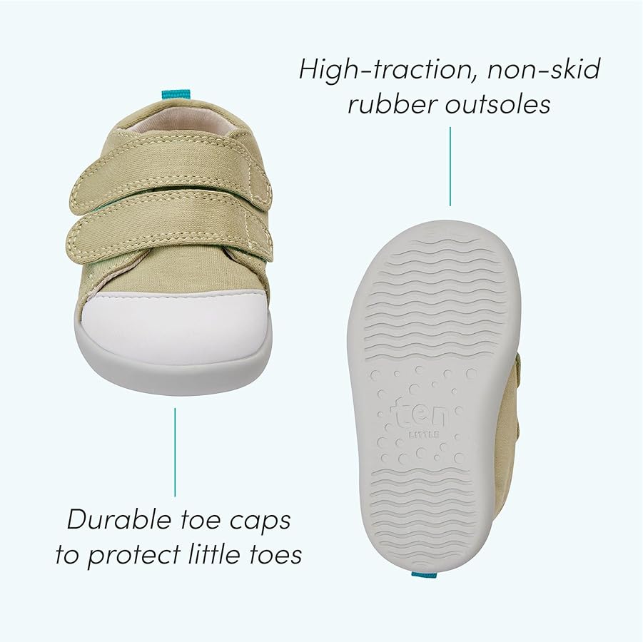 Close-up of a reinforced rubber toe cap on a durable children's sneaker designed to prevent scuffing.