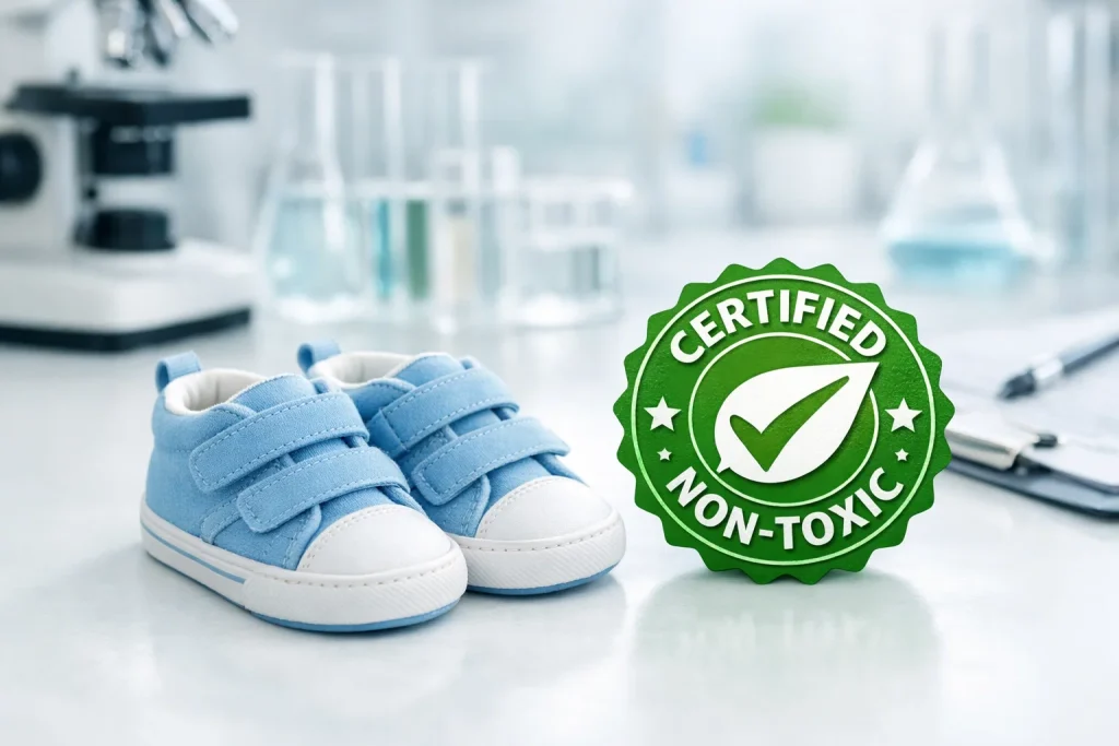 Children's shoes displayed with safety icons representing non-toxic and lead-free materials.