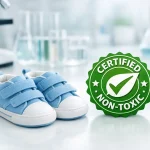 Children's shoes displayed with safety icons representing non-toxic and lead-free materials.