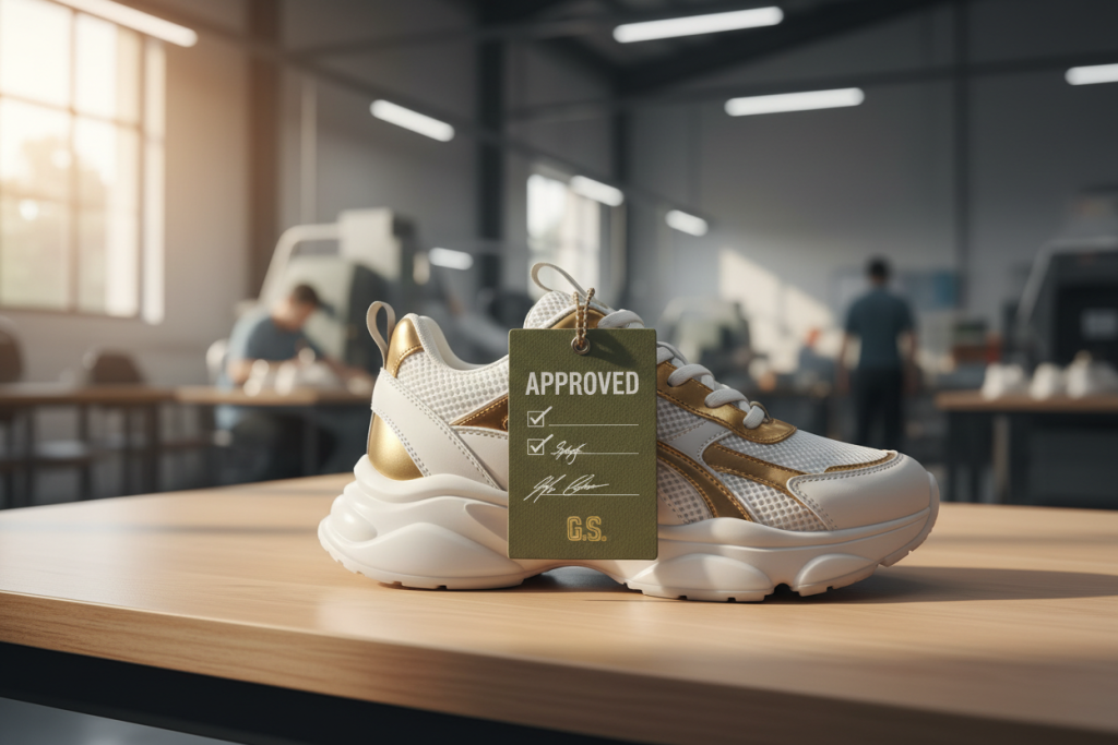 An approved Golden Sample sneaker with an official approval tag, ready for bulk manufacturing.