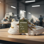 An approved Golden Sample sneaker with an official approval tag, ready for bulk manufacturing.