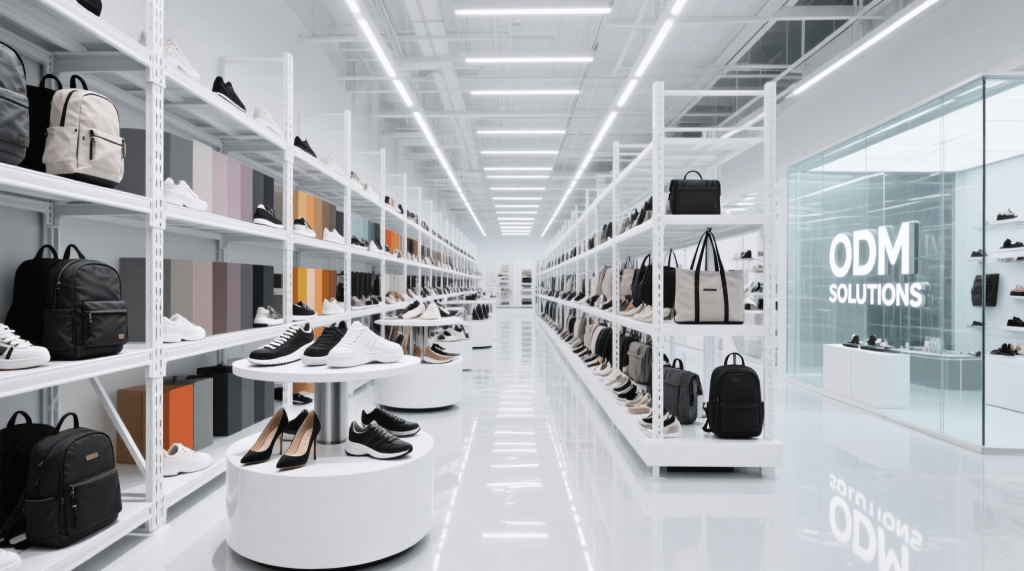 A vast factory showroom displaying hundreds of market-ready shoes and backpacks for ODM customization.