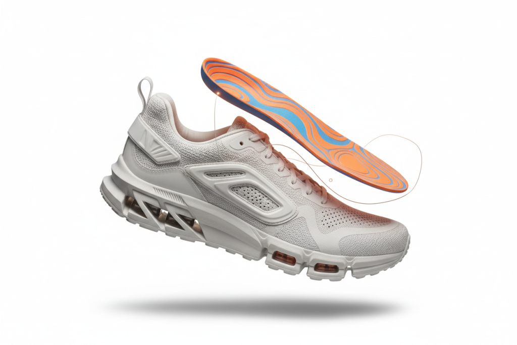 3D exploded view of a custom sneaker highlighting the ergonomic custom insole.