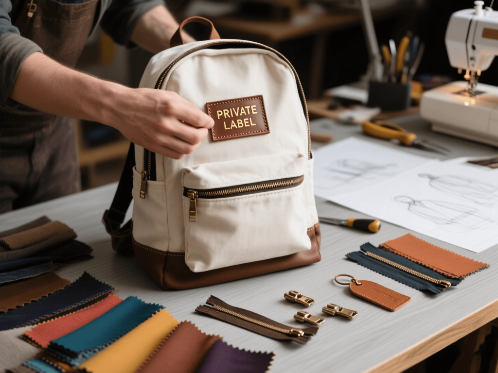 A designer customizing a private label backpack with a unique leather logo patch and color swatches.