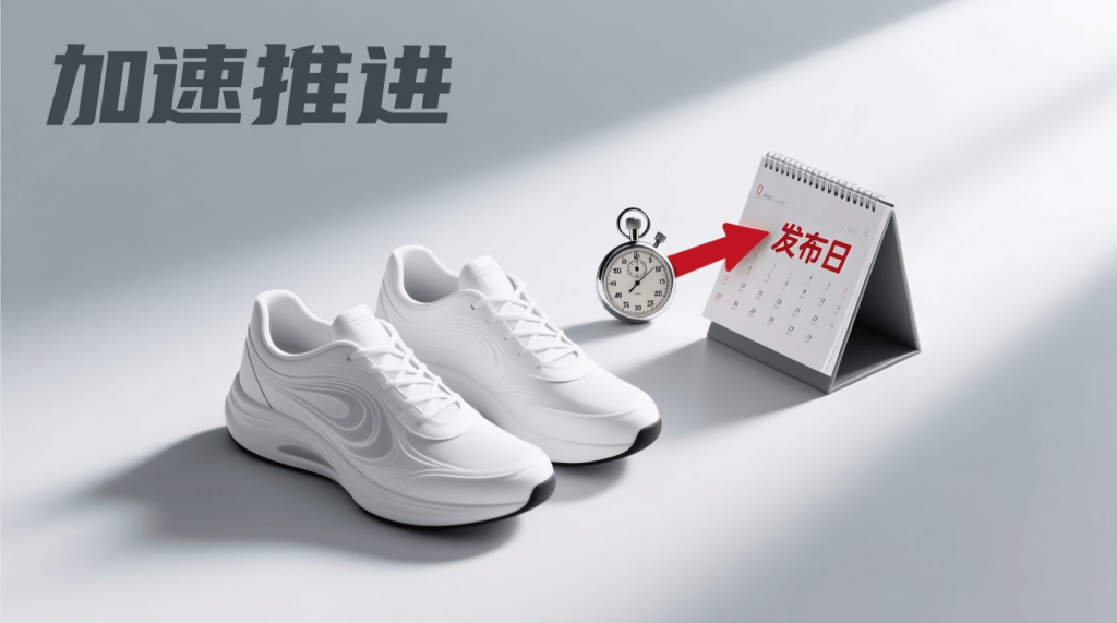 A calendar and a stopwatch next to a market-ready sneaker illustrating the fast launch speed of an ODM partnership.