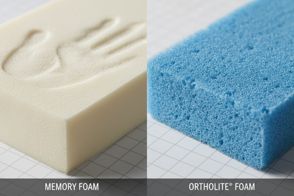 Macro comparison showing the structural differences between dense memory foam and breathable open-cell OrthoLite insole materials