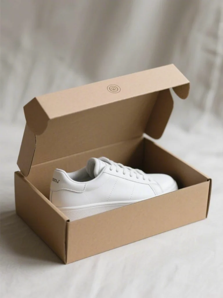 An eco-friendly, minimalist kraft paper shoebox containing white sneakers.