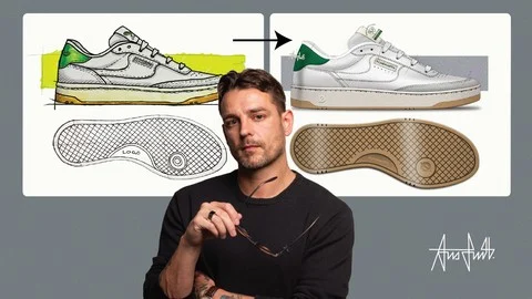 A designer reviewing a shoe sample by comparing the physical prototype to a printed Tech Pack and Pantone color book.