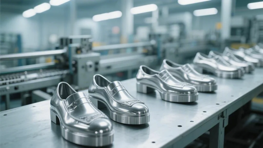 Metal shoe outsole molds ready for production in a modern shoe factory.