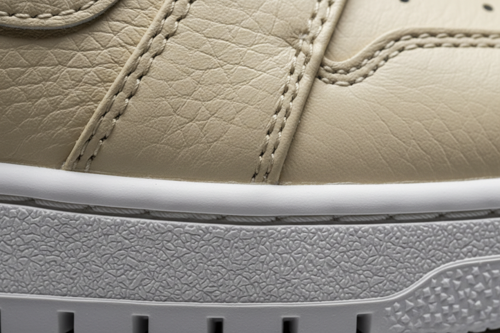 Macro close-up showing perfect stitching and a clean glue line on a high-quality custom sneaker sample.