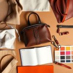 Premium custom bag design materials including fabric swatches, custom hardware, and Pantone colors on a designer's desk.