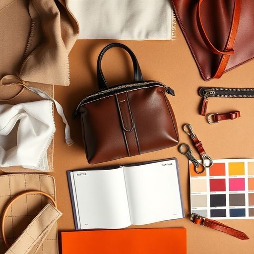 Premium custom bag design materials including fabric swatches, custom hardware, and Pantone colors on a designer's desk.