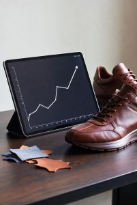 A digital tablet showing financial currency graphs next to a custom sneaker and leather swatches.