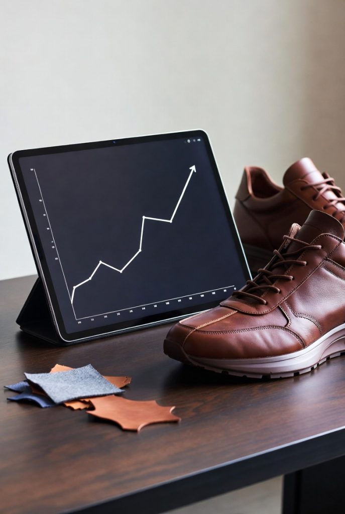 A digital tablet showing financial currency graphs next to a custom sneaker and leather swatches.