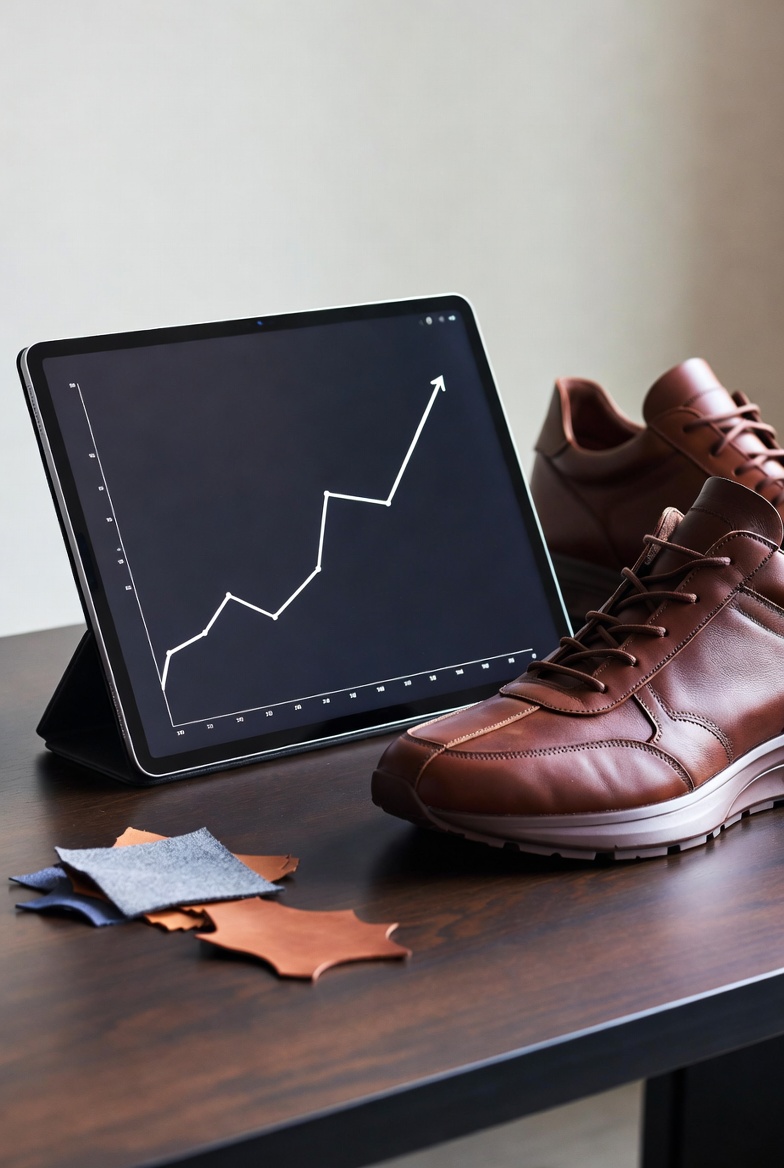 A digital tablet showing financial currency graphs next to a custom sneaker and leather swatches.