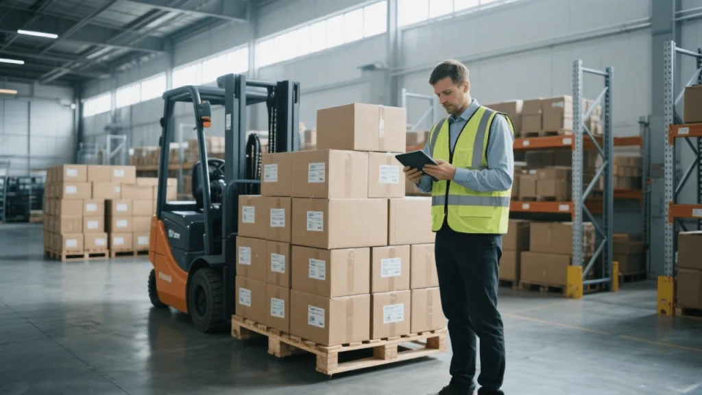 Pallets of packed boxes in a factory warehouse ready for international shipping and export.