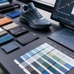 A fashion buyer's mood board featuring Pantone swatches, sneaker prototypes, and trend forecasting data.
