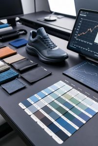 A fashion buyer's mood board featuring Pantone swatches, sneaker prototypes, and trend forecasting data.