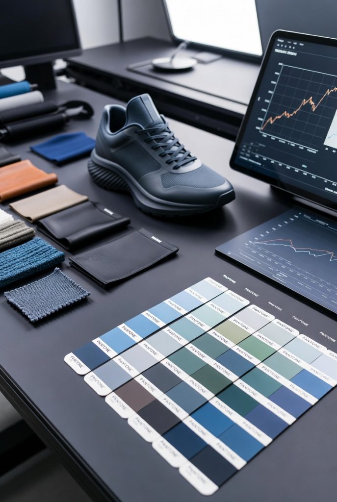 A fashion buyer's mood board featuring Pantone swatches, sneaker prototypes, and trend forecasting data.