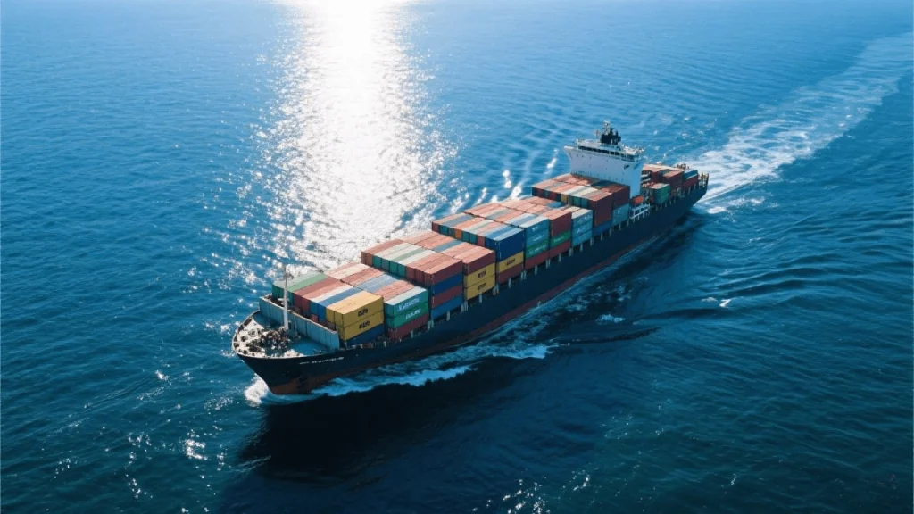 A large cargo ship carrying shipping containers, representing international shipping for wholesale bags and shoes.