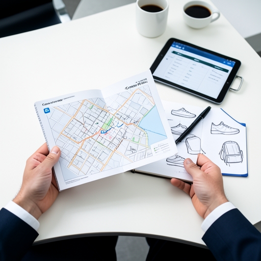 An international buyer preparing for the Canton Fair with a pavilion map, schedule, and product sketches.