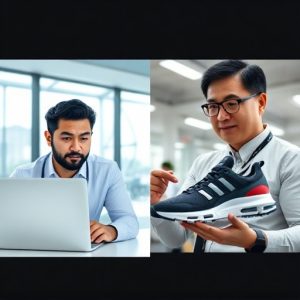 International buyer and Chinese supplier communicating effectively using annotated visuals for custom shoe manufacturing.