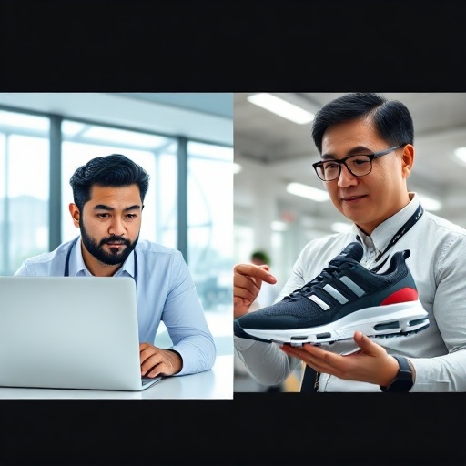 International buyer and Chinese supplier communicating effectively using annotated visuals for custom shoe manufacturing.