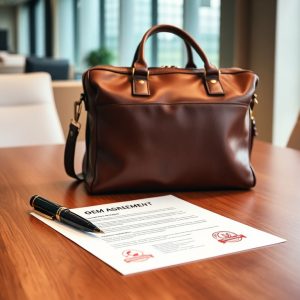 Signed OEM agreement and a custom bag prototype representing intellectual property protection in China.