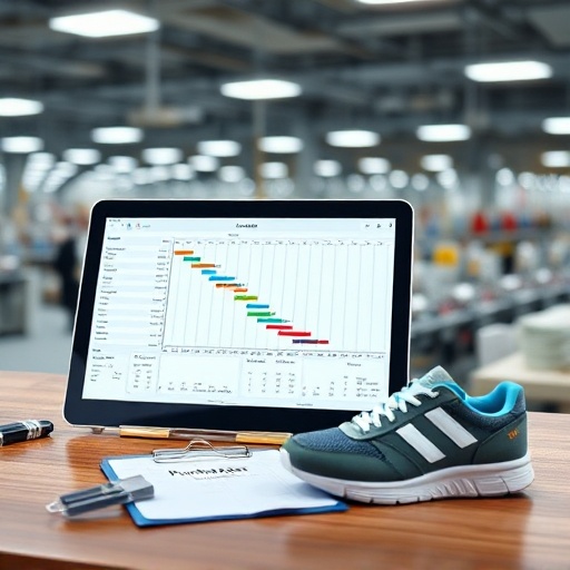 A digital tablet showing an OEM production timeline next to a purchase order and a custom shoe prototype.