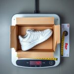 A custom sneaker prototype in a shoebox on a scale, illustrating volumetric weight for international sample delivery.