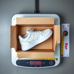A custom sneaker prototype in a shoebox on a scale, illustrating volumetric weight for international sample delivery.