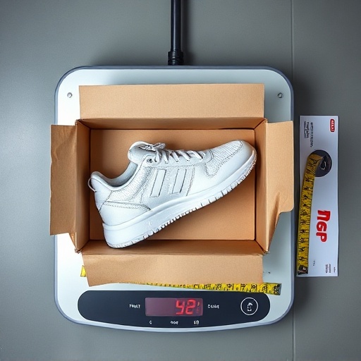 A custom sneaker prototype in a shoebox on a scale, illustrating volumetric weight for international sample delivery.